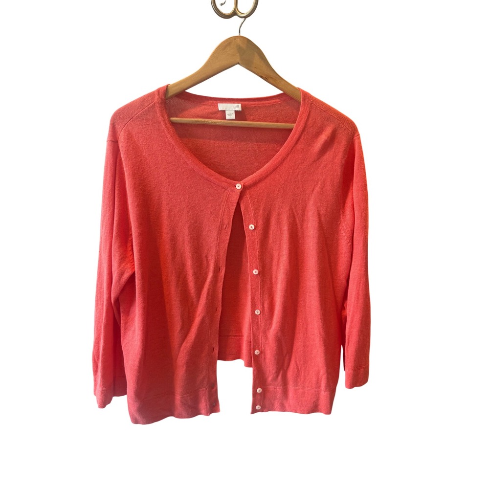 J. Jill Womens Coral Pink Linen Blend Button Front 3/4 Sleeve Cardigan Size L